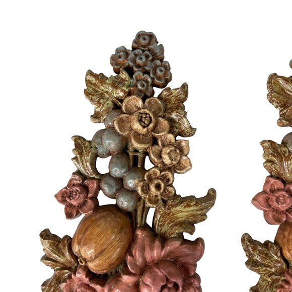 Vintage MCM Wall Hanging Candle Holder Cottagecore 1960s Fruit Floral Syroco Set - Picture 3 of 16